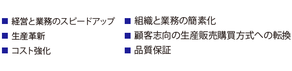 経営と業務のスピードアップ、組織と業務の簡素化、生産革新、顧客志向の生産販売購買方式への転換、コスト強化、品質保証